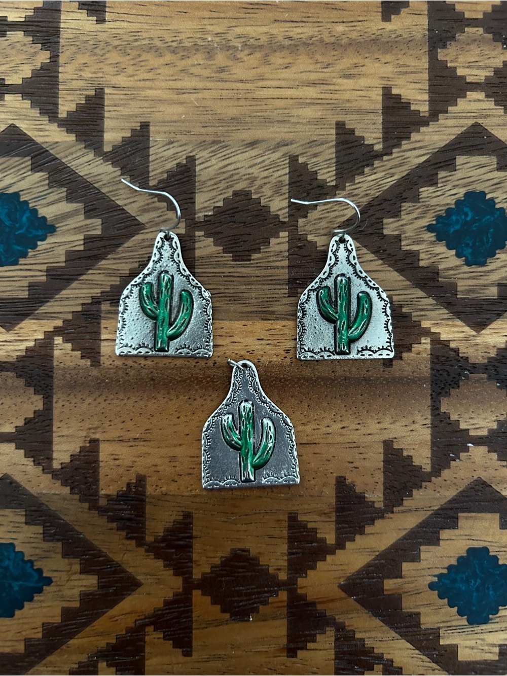 Handcrafted Silver-Tone Cactus Earrings and Pendant Set - Green Accents